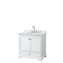 Load image into Gallery viewer, Wyndham Deborah 36 Inch Single Bathroom Vanity in White, White Carrara Marble Countertop, Undermount Oval Sink, and No Mirror- Wyndham