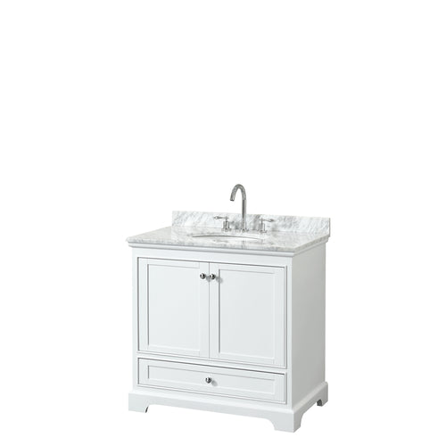 Wyndham Deborah 36 Inch Single Bathroom Vanity in White, White Carrara Marble Countertop, Undermount Oval Sink, and No Mirror- Wyndham