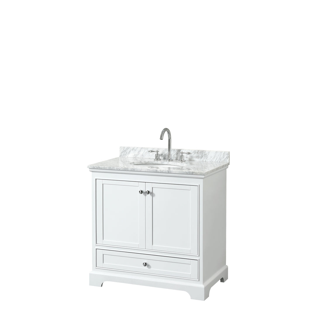 Wyndham Deborah 36 Inch Single Bathroom Vanity in White, White Carrara Marble Countertop, Undermount Oval Sink, and No Mirror- Wyndham
