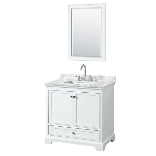 Wyndham Deborah 36 Inch Single Bathroom Vanity in White, White Carrara Marble Countertop, Undermount Square Sink, and 24 Inch Mirror- Wyndham