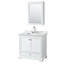 Load image into Gallery viewer, Wyndham Deborah 36 Inch Single Bathroom Vanity in White, White Carrara Marble Countertop, Undermount Square Sink, and Medicine Cabinet- Wyndham