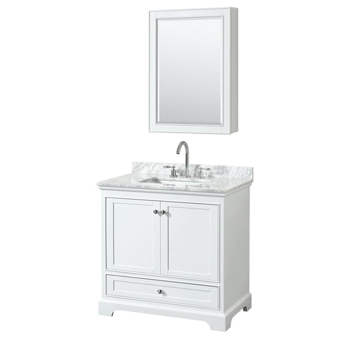 Wyndham Deborah 36 Inch Single Bathroom Vanity in White, White Carrara Marble Countertop, Undermount Square Sink, and Medicine Cabinet- Wyndham