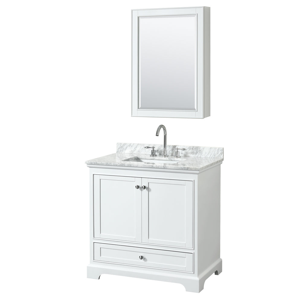 Wyndham Deborah 36 Inch Single Bathroom Vanity in White, White Carrara Marble Countertop, Undermount Square Sink, and Medicine Cabinet- Wyndham