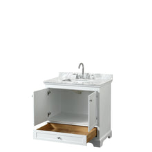 Load image into Gallery viewer, Wyndham Deborah 36 Inch Single Bathroom Vanity in White, White Carrara Marble Countertop, Undermount Square Sink, and No Mirror- Wyndham