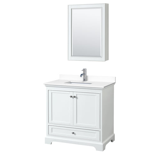 Wyndham Deborah 36 Inch Single Bathroom Vanity in White, White Cultured Marble Countertop, Undermount Square Sink, Medicine Cabinet- Wyndham