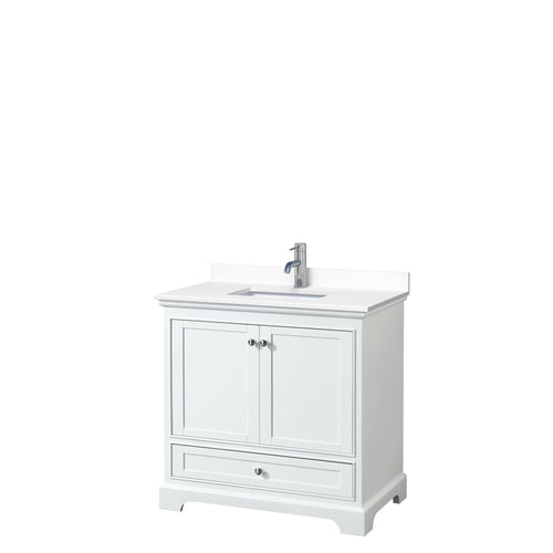 Wyndham Deborah 36 Inch Single Bathroom Vanity in White, White Cultured Marble Countertop, Undermount Square Sink, No Mirror- Wyndham
