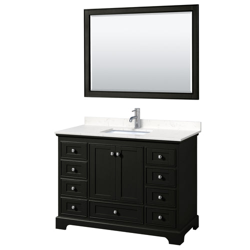 Wyndham Deborah 48 Inch Single Bathroom Vanity in Dark Espresso, Light-Vein Carrara Cultured Marble Countertop, Undermount Square Sink, 46 Inch Mirror- Wyndham
