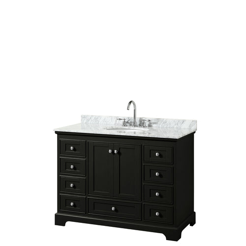 Wyndham Deborah 48 Inch Single Bathroom Vanity in Dark Espresso, White Carrara Marble Countertop, Undermount Oval Sink, and No Mirror- Wyndham