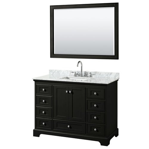 Wyndham Deborah 48 Inch Single Bathroom Vanity in Dark Espresso, White Carrara Marble Countertop, Undermount Square Sink, and 46 Inch Mirror- Wyndham