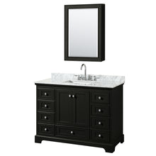 Load image into Gallery viewer, Wyndham Deborah 48 Inch Single Bathroom Vanity in Dark Espresso, White Carrara Marble Countertop, Undermount Square Sink, and Medicine Cabinet- Wyndham