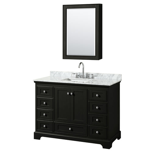 Wyndham Deborah 48 Inch Single Bathroom Vanity in Dark Espresso, White Carrara Marble Countertop, Undermount Square Sink, and Medicine Cabinet- Wyndham