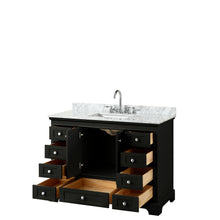 Load image into Gallery viewer, Wyndham Deborah 48 Inch Single Bathroom Vanity in Dark Espresso, White Carrara Marble Countertop, Undermount Square Sink, and No Mirror- Wyndham