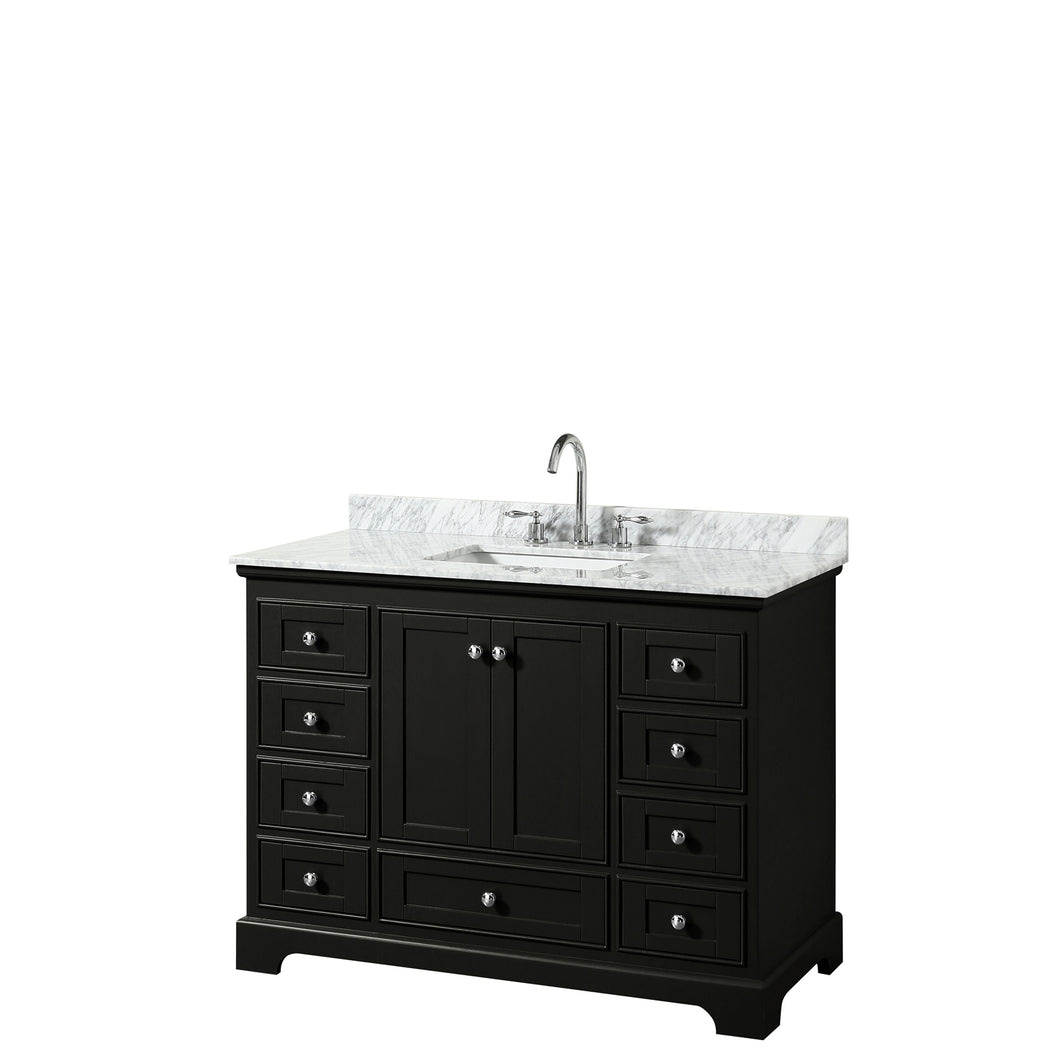 Wyndham Deborah 48 Inch Single Bathroom Vanity in Dark Espresso, White Carrara Marble Countertop, Undermount Square Sink, and No Mirror- Wyndham