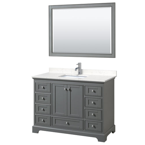 Wyndham Deborah 48 Inch Single Bathroom Vanity in Dark Gray, Light-Vein Carrara Cultured Marble Countertop, Undermount Square Sink, 46 Inch Mirror- Wyndham