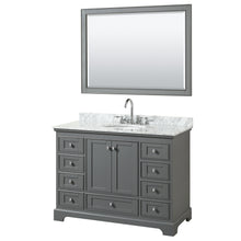 Load image into Gallery viewer, Wyndham Deborah 48 Inch Single Bathroom Vanity in Dark Gray, White Carrara Marble Countertop, Undermount Oval Sink, and 46 Inch Mirror- Wyndham