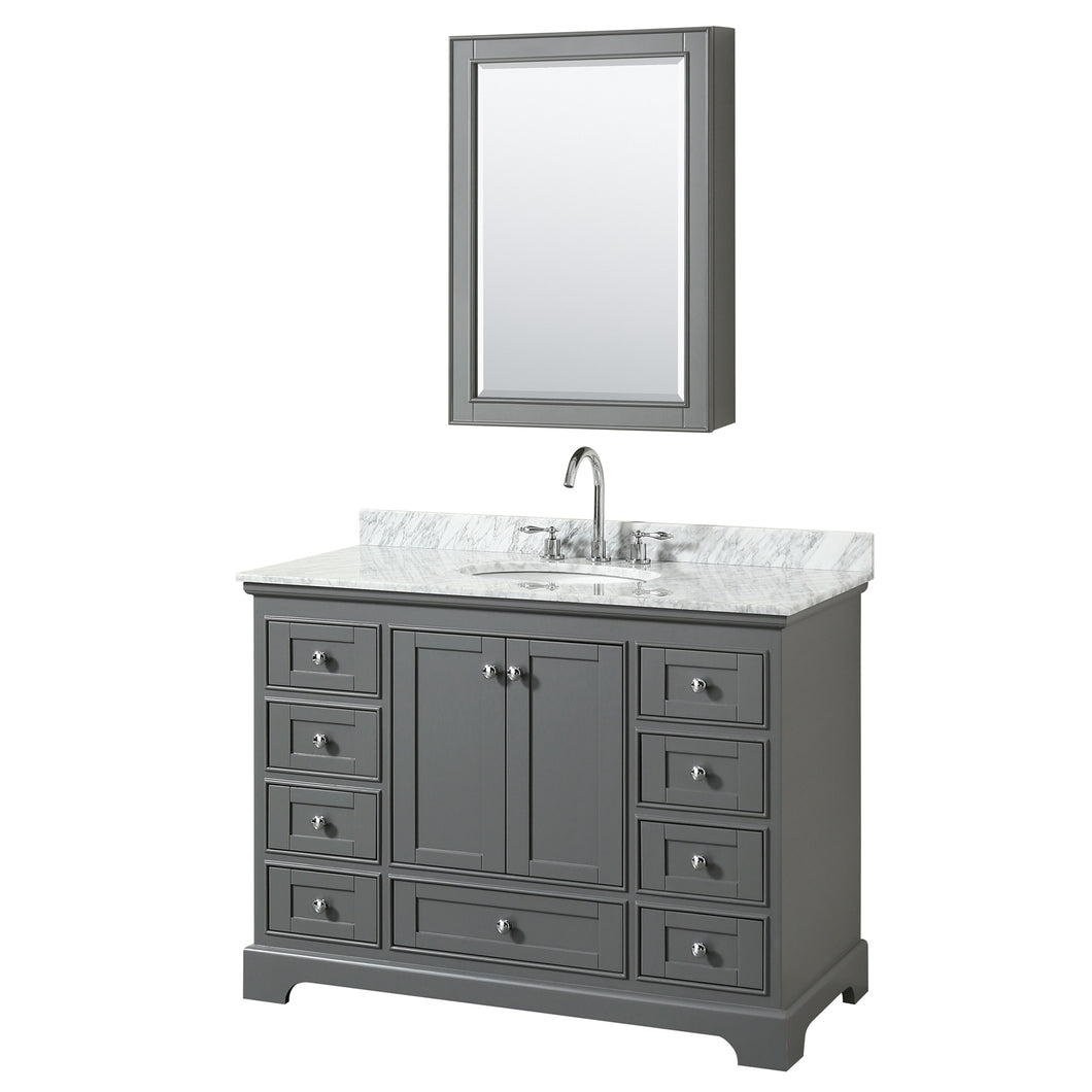 Wyndham Deborah 48 Inch Single Bathroom Vanity in Dark Gray, White Carrara Marble Countertop, Undermount Oval Sink, and Medicine Cabinet- Wyndham