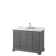 Load image into Gallery viewer, Wyndham Deborah 48 Inch Single Bathroom Vanity in Dark Gray, White Carrara Marble Countertop, Undermount Oval Sink, and No Mirror- Wyndham
