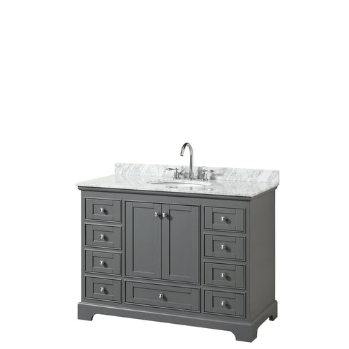 Wyndham Deborah 48 Inch Single Bathroom Vanity in Dark Gray, White Carrara Marble Countertop, Undermount Oval Sink, and No Mirror- Wyndham