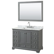 Load image into Gallery viewer, Wyndham Deborah 48 Inch Single Bathroom Vanity in Dark Gray, White Carrara Marble Countertop, Undermount Square Sink, and 46 Inch Mirror- Wyndham