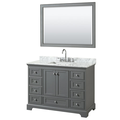 Wyndham Deborah 48 Inch Single Bathroom Vanity in Dark Gray, White Carrara Marble Countertop, Undermount Square Sink, and 46 Inch Mirror- Wyndham