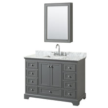 Load image into Gallery viewer, Wyndham Deborah 48 Inch Single Bathroom Vanity in Dark Gray, White Carrara Marble Countertop, Undermount Square Sink, and Medicine Cabinet- Wyndham