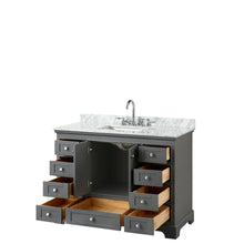 Load image into Gallery viewer, Wyndham Deborah 48 Inch Single Bathroom Vanity in Dark Gray, White Carrara Marble Countertop, Undermount Square Sink, and No Mirror- Wyndham