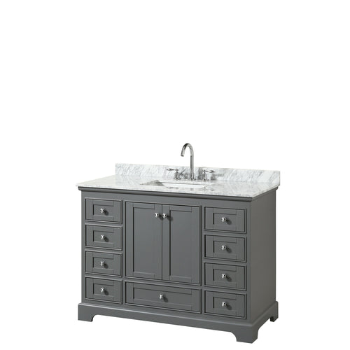 Wyndham Deborah 48 Inch Single Bathroom Vanity in Dark Gray, White Carrara Marble Countertop, Undermount Square Sink, and No Mirror- Wyndham