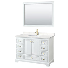 Load image into Gallery viewer, Wyndham Deborah 48 Inch Single Bathroom Vanity in White, Carrara Cultured Marble Countertop, Undermount Square Sink, Brushed Gold Trim, 46 Inch Mirror- Wyndham