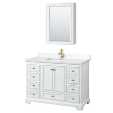 Load image into Gallery viewer, Wyndham Deborah 48 Inch Single Bathroom Vanity in White, Carrara Cultured Marble Countertop, Undermount Square Sink, Brushed Gold Trim, Medicine Cabinet- Wyndham