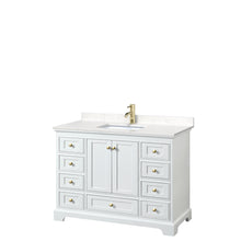 Load image into Gallery viewer, Wyndham Deborah 48 Inch Single Bathroom Vanity in White, Carrara Cultured Marble Countertop, Undermount Square Sink, Brushed Gold Trim, No Mirror- Wyndham