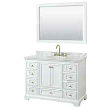 Load image into Gallery viewer, Wyndham Deborah 48 Inch Single Bathroom Vanity in White, White Carrara Marble Countertop, Undermount Oval Sink, Brushed Gold Trim, 46 Inch Mirror- Wyndham