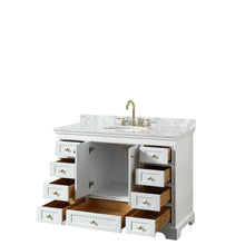 Load image into Gallery viewer, Wyndham Deborah 48 Inch Single Bathroom Vanity in White, White Carrara Marble Countertop, Undermount Oval Sink, Brushed Gold Trim, No Mirror- Wyndham