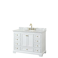 Load image into Gallery viewer, Wyndham Deborah 48 Inch Single Bathroom Vanity in White, White Carrara Marble Countertop, Undermount Oval Sink, Brushed Gold Trim, No Mirror- Wyndham