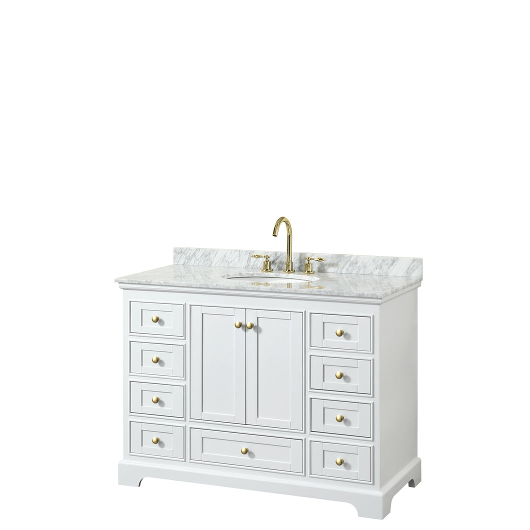 Wyndham Deborah 48 Inch Single Bathroom Vanity in White, White Carrara Marble Countertop, Undermount Oval Sink, Brushed Gold Trim, No Mirror- Wyndham