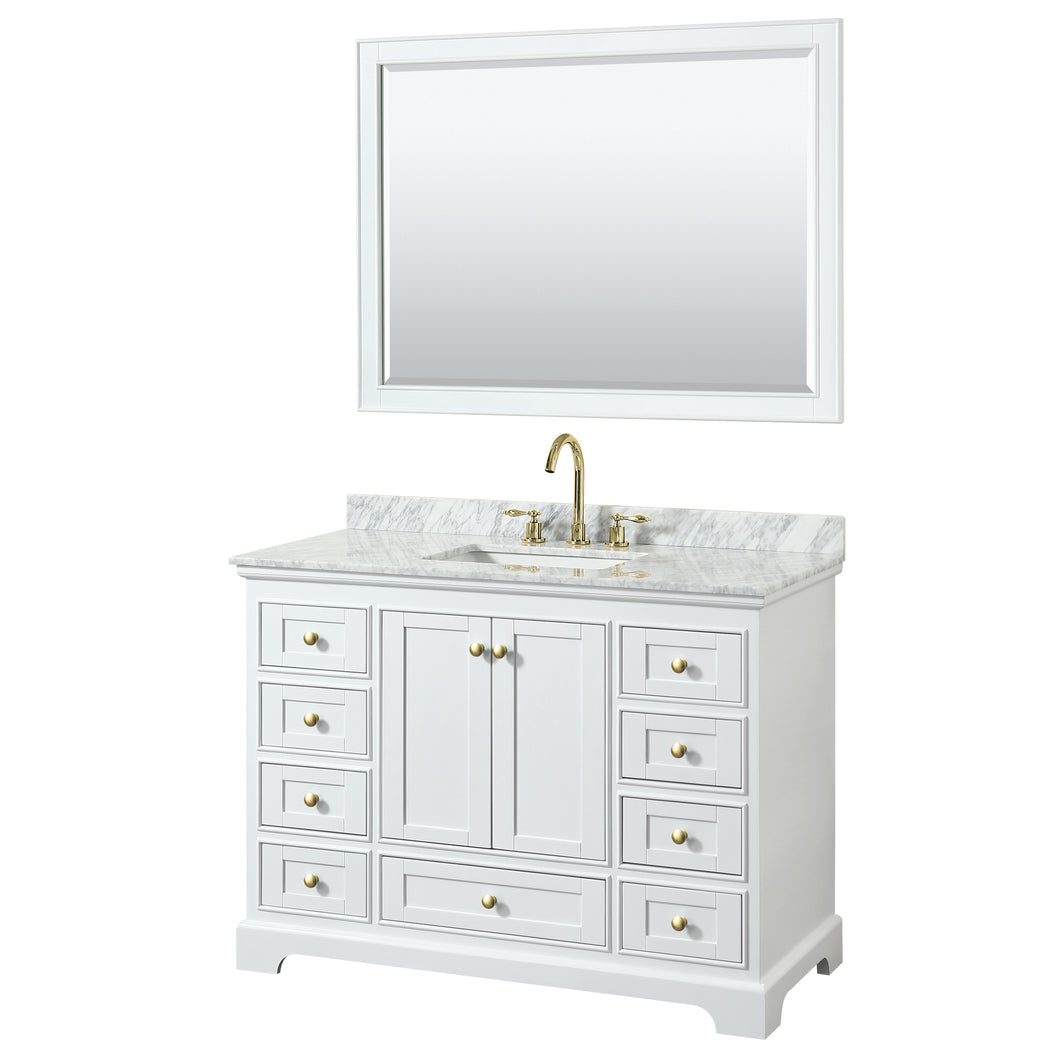 Wyndham Deborah 48 Inch Single Bathroom Vanity in White, White Carrara Marble Countertop, Undermount Square Sink, Brushed Gold Trim, 46 Inch Mirror- Wyndham