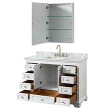 Load image into Gallery viewer, Wyndham Deborah 48 Inch Single Bathroom Vanity in White, White Carrara Marble Countertop, Undermount Square Sink, Brushed Gold Trim, Medicine Cabinet- Wyndham