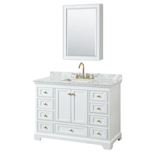 Load image into Gallery viewer, Wyndham Deborah 48 Inch Single Bathroom Vanity in White, White Carrara Marble Countertop, Undermount Square Sink, Brushed Gold Trim, Medicine Cabinet- Wyndham