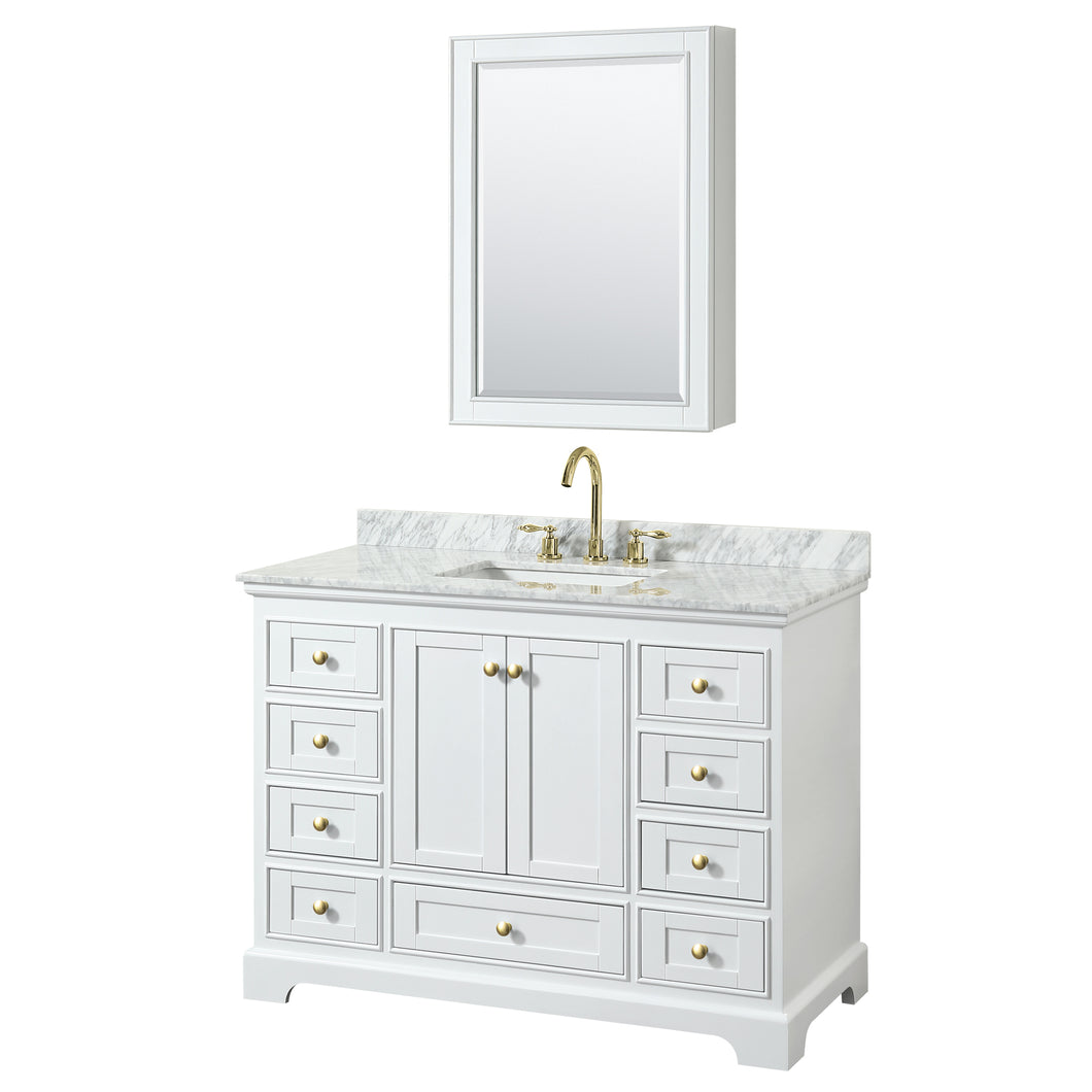 Wyndham Deborah 48 Inch Single Bathroom Vanity in White, White Carrara Marble Countertop, Undermount Square Sink, Brushed Gold Trim, Medicine Cabinet- Wyndham