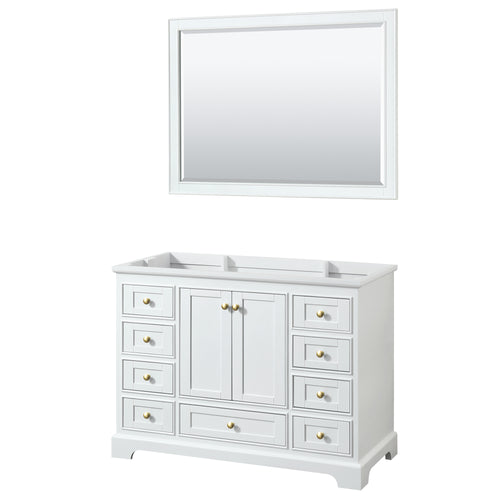 Wyndham Deborah 48 Inch Single Bathroom Vanity in White, No Countertop, No Sink, Brushed Gold Trim, 46 Inch Mirror- Wyndham