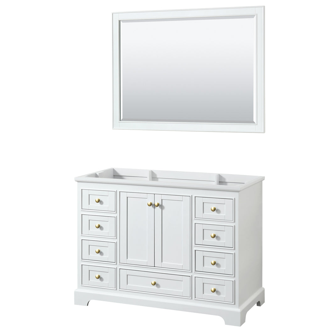 Wyndham Deborah 48 Inch Single Bathroom Vanity in White, No Countertop, No Sink, Brushed Gold Trim, 46 Inch Mirror- Wyndham