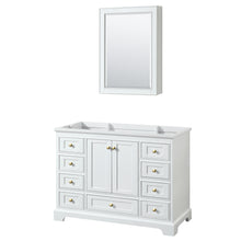 Load image into Gallery viewer, Wyndham Deborah 48 Inch Single Bathroom Vanity in White, No Countertop, No Sink, Brushed Gold Trim, Medicine Cabinet- Wyndham