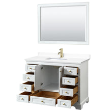 Load image into Gallery viewer, Wyndham Deborah 48 Inch Single Bathroom Vanity in White, White Cultured Marble Countertop, Undermount Square Sink, Brushed Gold Trim, 46 Inch Mirror- Wyndham
