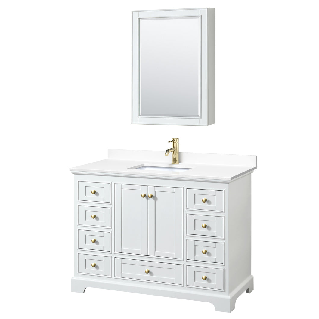 Wyndham Deborah 48 Inch Single Bathroom Vanity in White, White Cultured Marble Countertop, Undermount Square Sink, Brushed Gold Trim, Medicine Cabinet- Wyndham