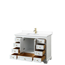 Load image into Gallery viewer, Wyndham Deborah 48 Inch Single Bathroom Vanity in White, White Cultured Marble Countertop, Undermount Square Sink, Brushed Gold Trim, No Mirror- Wyndham