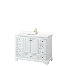 Load image into Gallery viewer, Wyndham Deborah 48 Inch Single Bathroom Vanity in White, White Cultured Marble Countertop, Undermount Square Sink, Brushed Gold Trim, No Mirror- Wyndham
