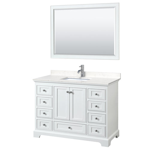 Wyndham Deborah 48 Inch Single Bathroom Vanity in White, Light-Vein Carrara Cultured Marble Countertop, Undermount Square Sink, 46 Inch Mirror- Wyndham