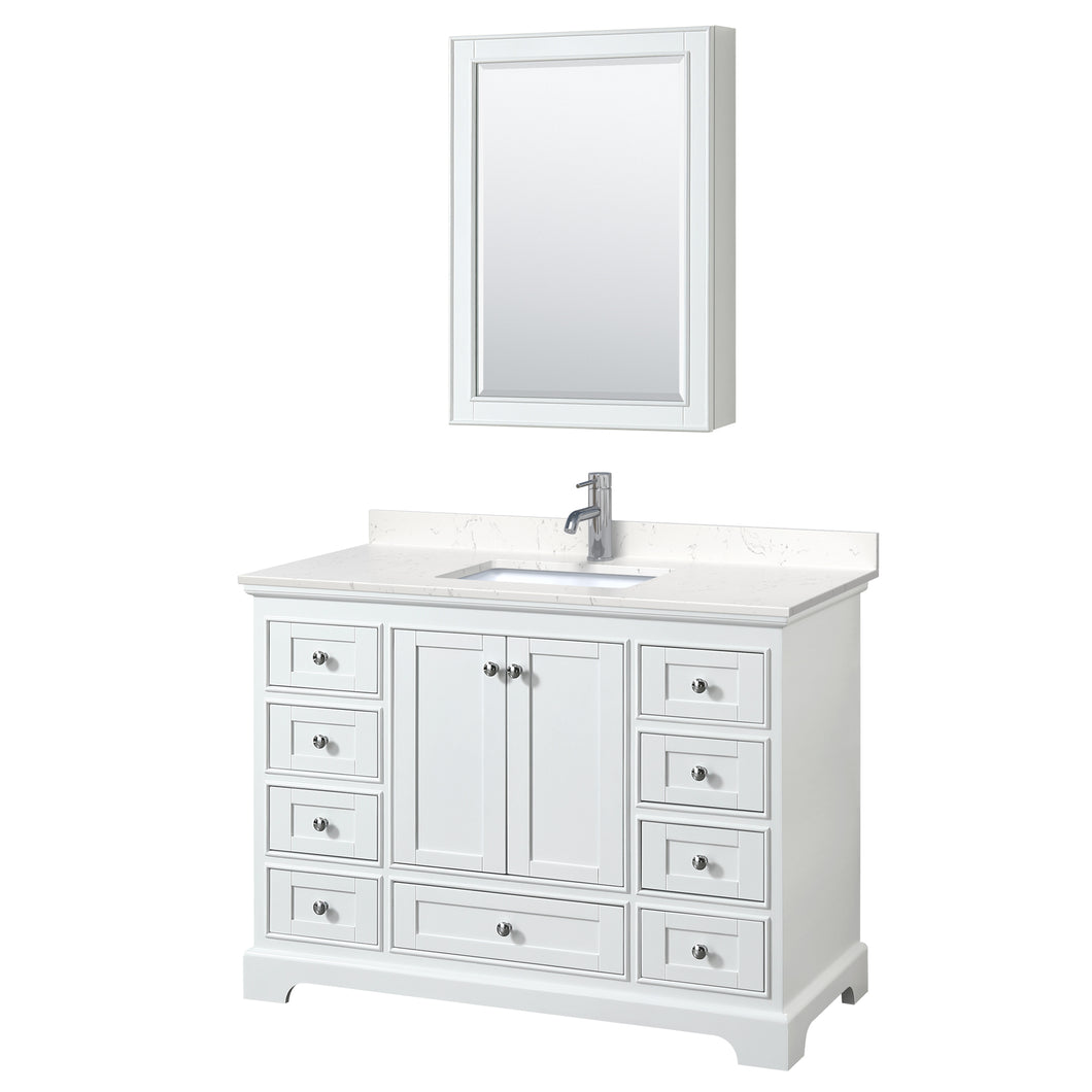 Wyndham Deborah 48 Inch Single Bathroom Vanity in White, Light-Vein Carrara Cultured Marble Countertop, Undermount Square Sink, Medicine Cabinet- Wyndham