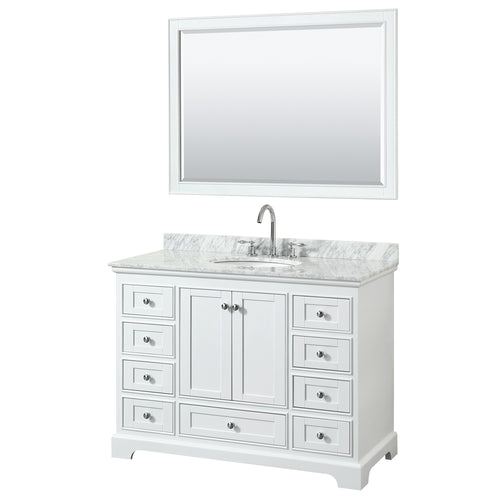 Wyndham Deborah 48 Inch Single Bathroom Vanity in White, White Carrara Marble Countertop, Undermount Oval Sink, and 46 Inch Mirror- Wyndham
