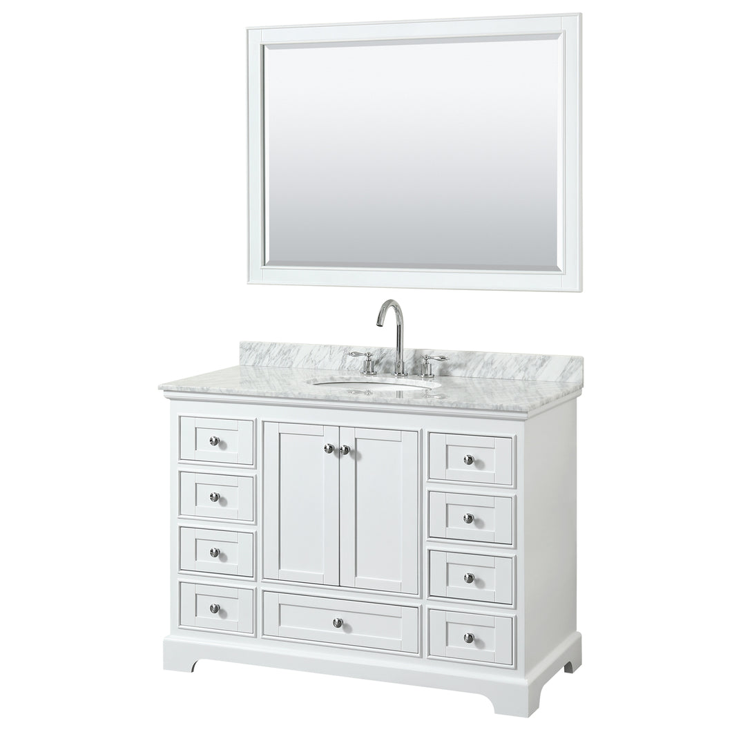 Wyndham Deborah 48 Inch Single Bathroom Vanity in White, White Carrara Marble Countertop, Undermount Oval Sink, and 46 Inch Mirror- Wyndham