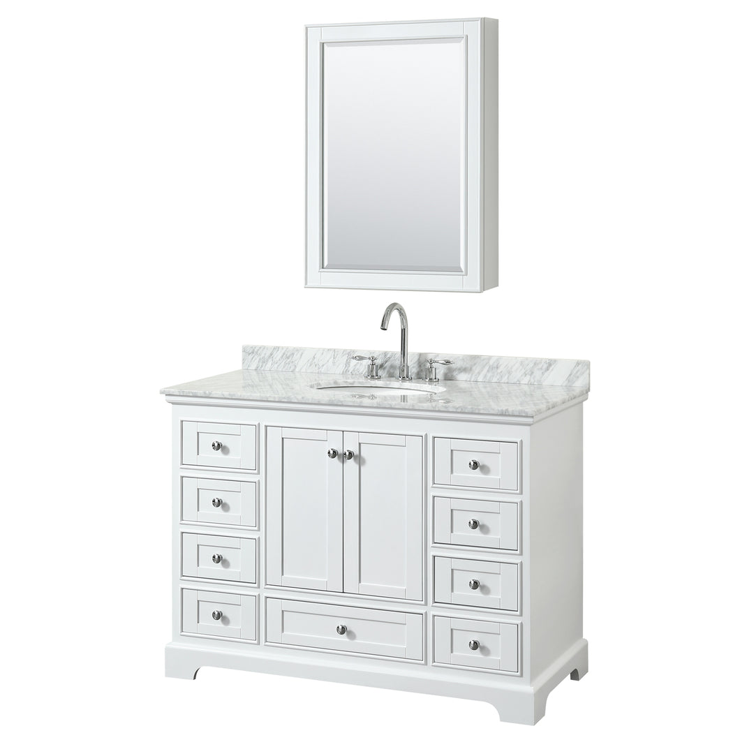 Wyndham Deborah 48 Inch Single Bathroom Vanity in White, White Carrara Marble Countertop, Undermount Oval Sink, and Medicine Cabinet- Wyndham
